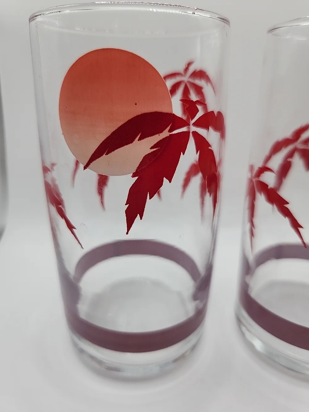 Clear Glass Tumbler Set with Red Palm Sunset Design‎ vintage